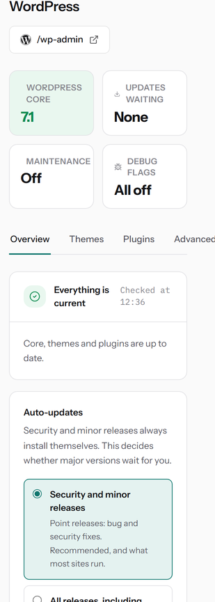 The WordPress screen: core version 7.1, no updates waiting, maintenance mode off, and a choice between installing security and minor releases only or all releases including major versions.